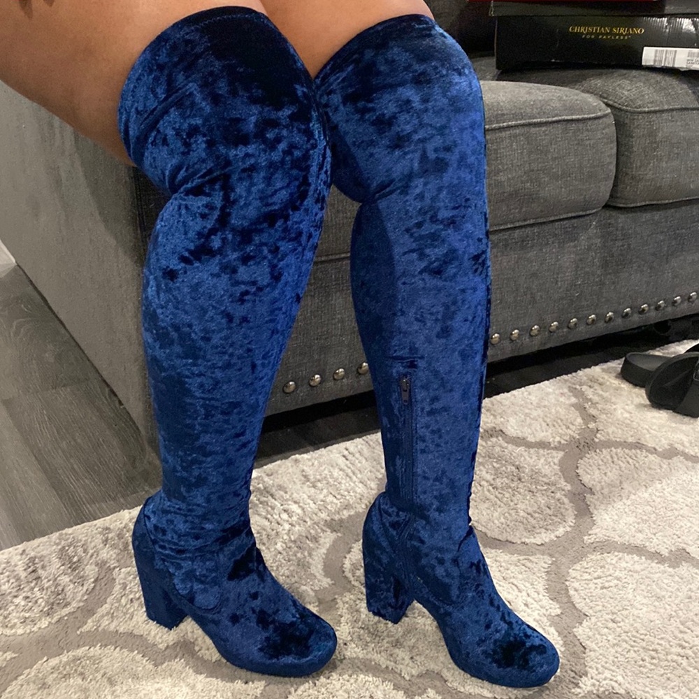 Blue suede thigh high boots